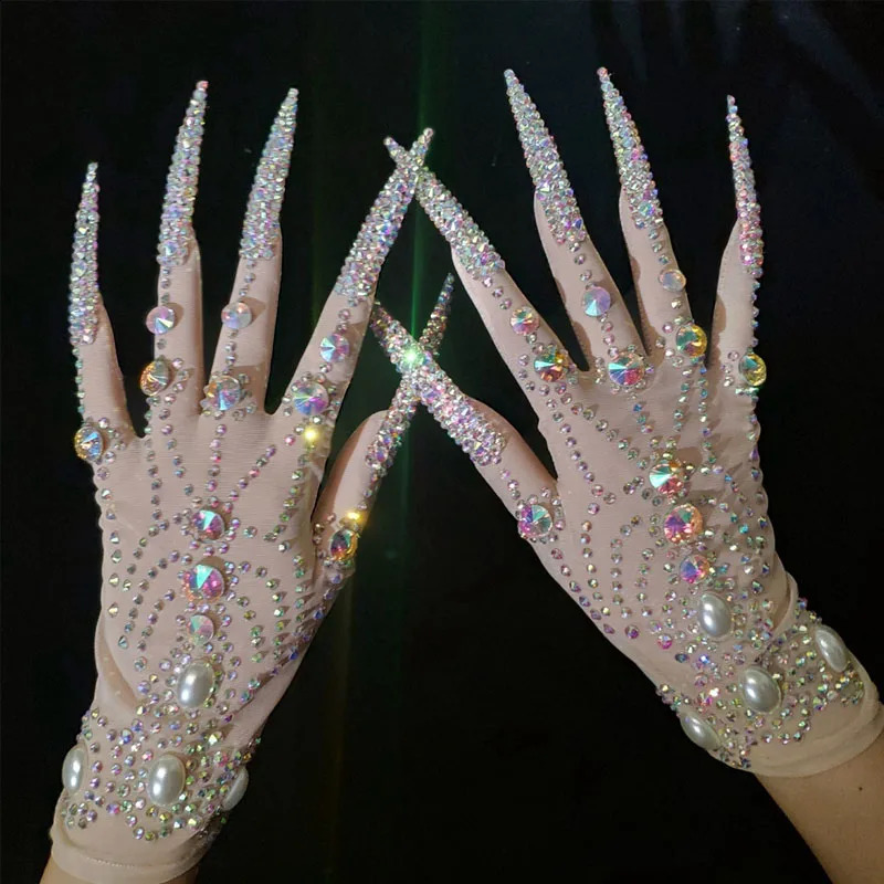 AB Rhinestones Pearls Plus Length Nails Gloves Women Fashion Drag Queen Outfit Nightclub Stage Performance Accessories 250408