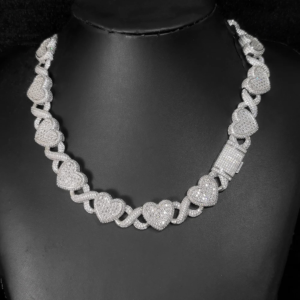 HHIOK 15mm heart-shaped infinite chain necklace silver plated cubic chain necklace ice sparkling zircon necklace jewelry womens 250409