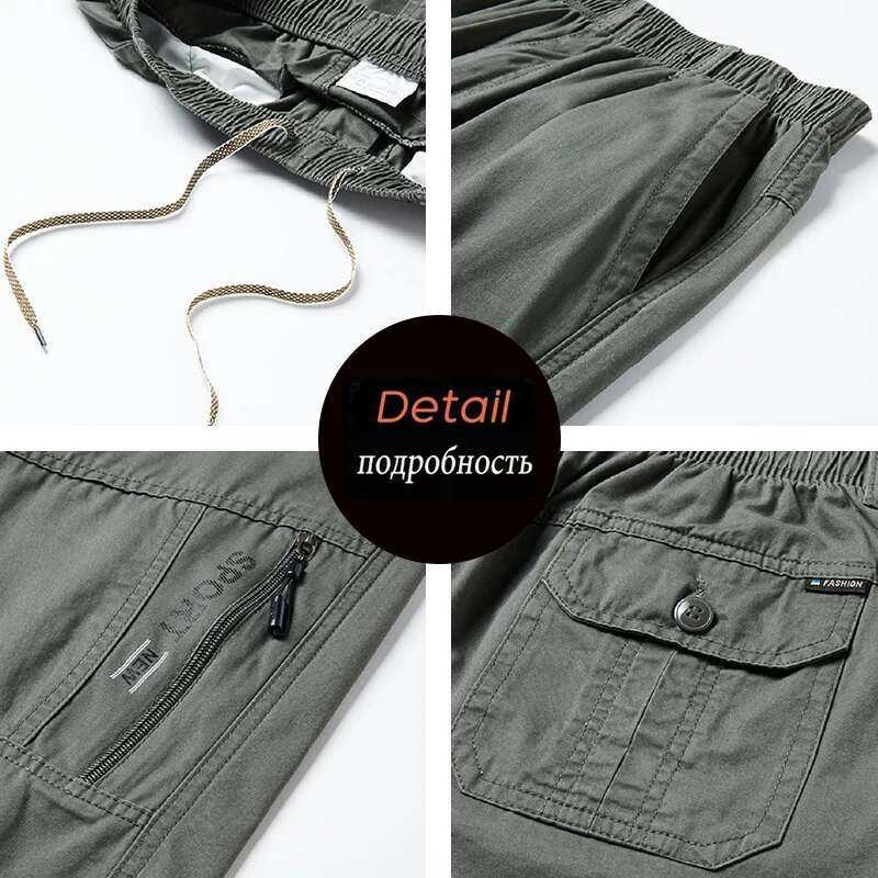 Summer Men Cotton Cargo Shorts Knee Zipper Pocket Casual Tactical Short Elastic Waist Climbing Sports Joggers Cropped Pants Male