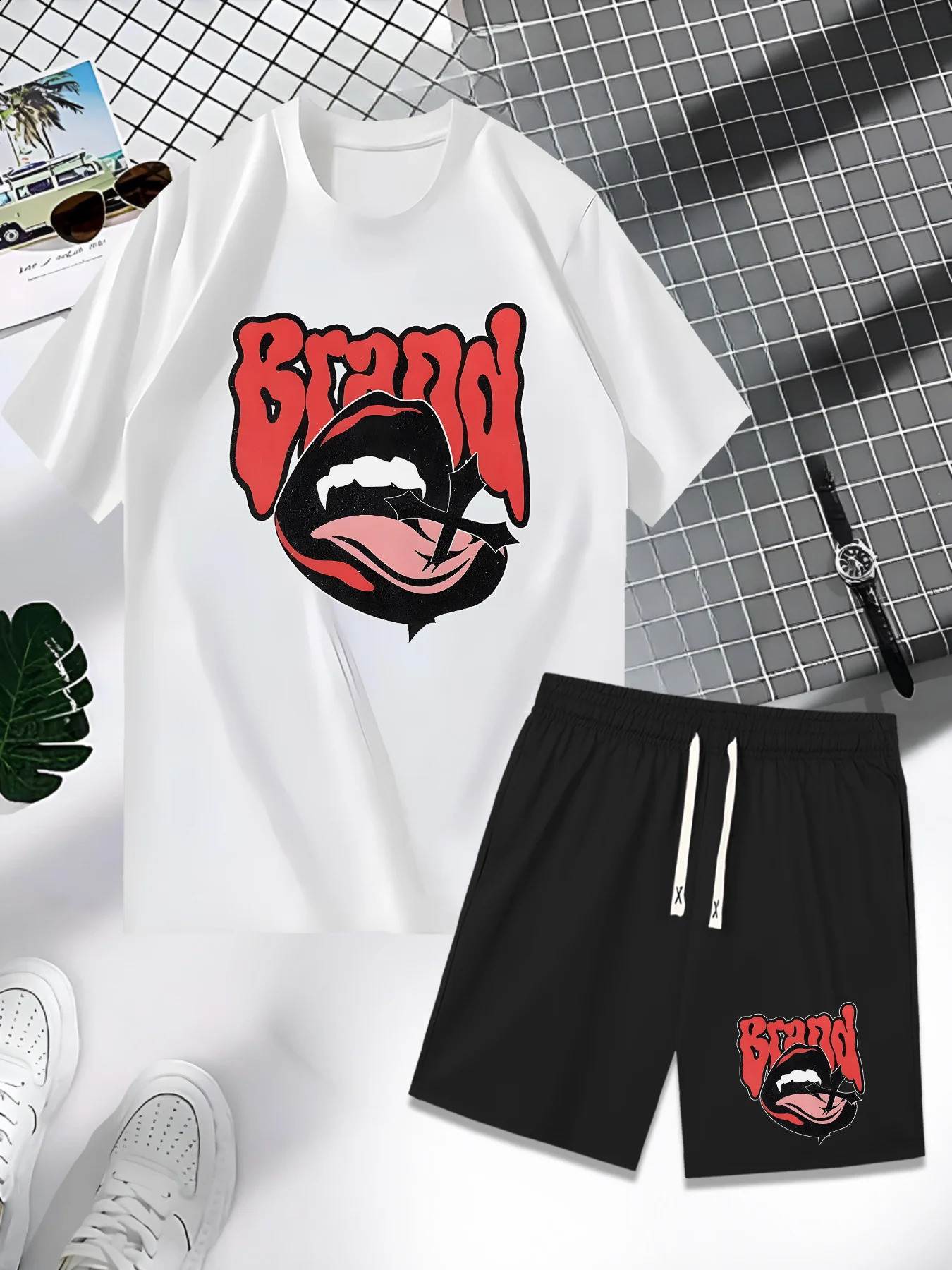 Roaring Red Lips Alphabet Print Mens Summer Casual Short-sleeved T-shirt and Sports Shorts Set Fashion Trend American Y2K 250407