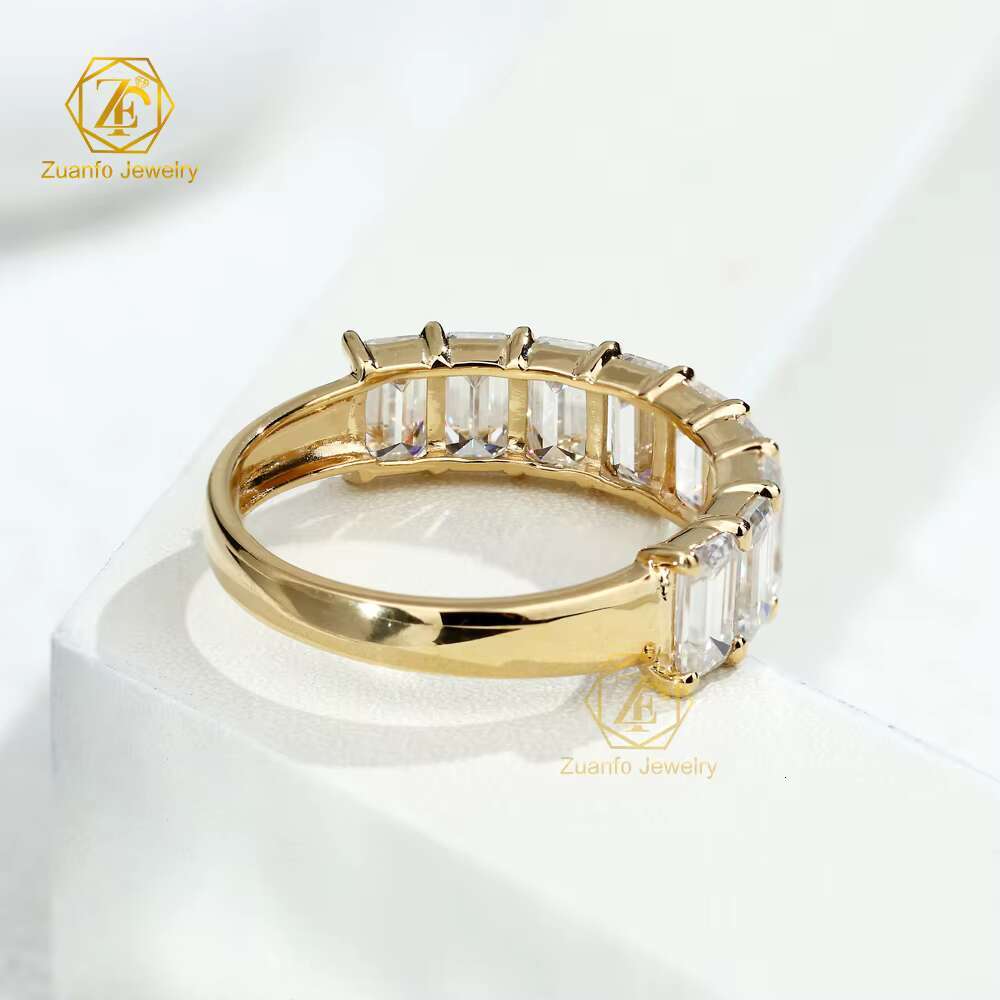 Elegant Style Solid 18K Real Gold Half Eternity Band D/VVS Emerald Cut Moissanite Wedding Band Ring