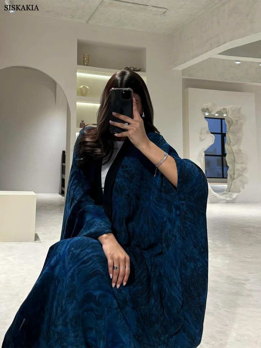 Siskakia Eid Mubarak Clothing Dubai Fashion Tie Dye Long Abaya Muslim Women Bat Sleeve Dress 250411