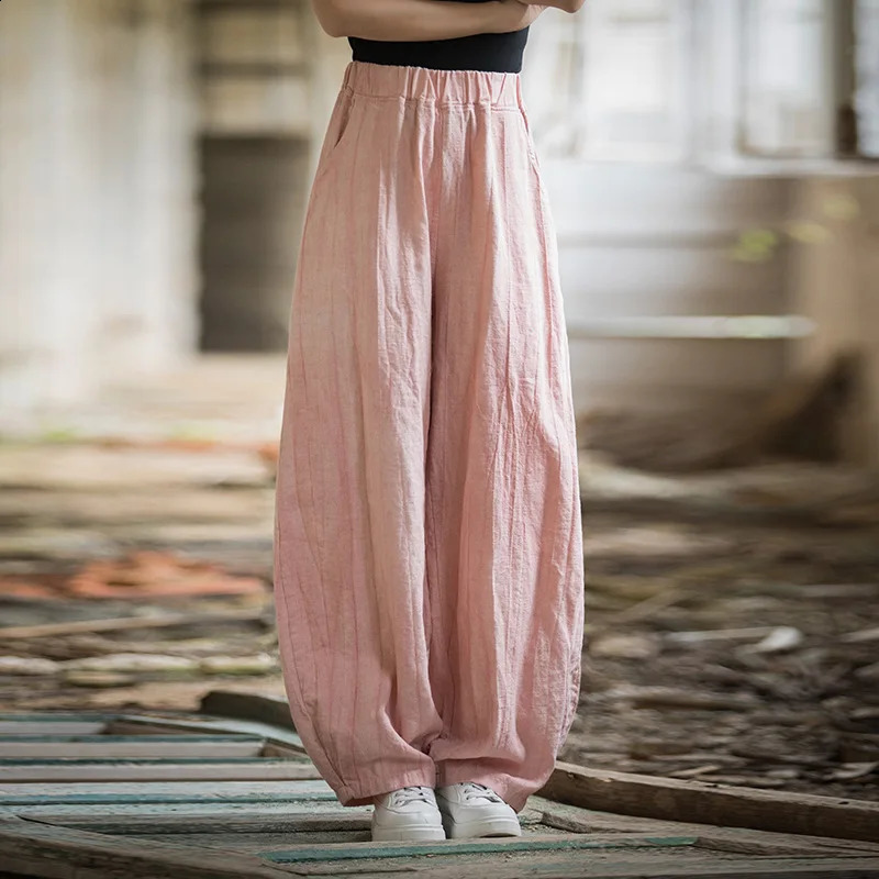 Elegant Womens Cotton Linen Baggy Cargo Pants Vintage Elastic Waist Yoga Trousers Loose Casual Long Wide Leg Oversize Clothes 250411