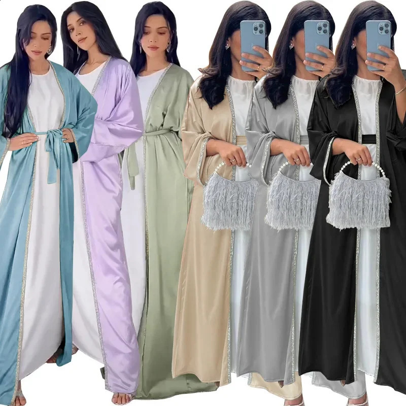 ALSEY Stamping n Womens Fashion Satin Outer Slimming Dress White Inner Abaya Spring Collection 250411