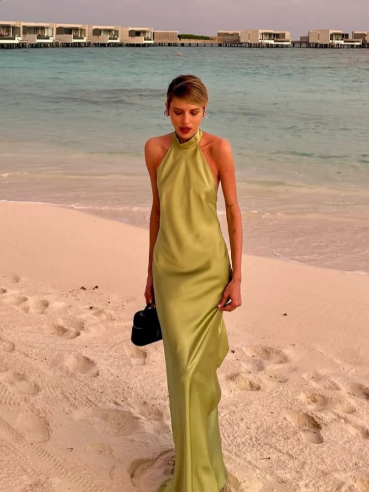 Elegant Green Satin Sleeveless Maxi Dress Chic Stand Neck Lace Up Backless Dresses Female Summer Vacation Beach Vestido 2025 250409