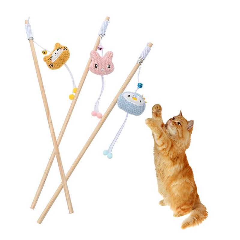 Cat toy wooden pole cute animal shape plump and adorable cat stick interactive and fun pet supplies with bells Y250412