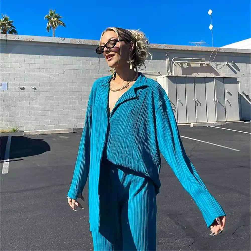 Womens Tracksuit Two Piece Sets Loose Long Sleeve Shirt Tops and Wide Leg Pants Elegant Suits Summer Casual Female Outfits 250411