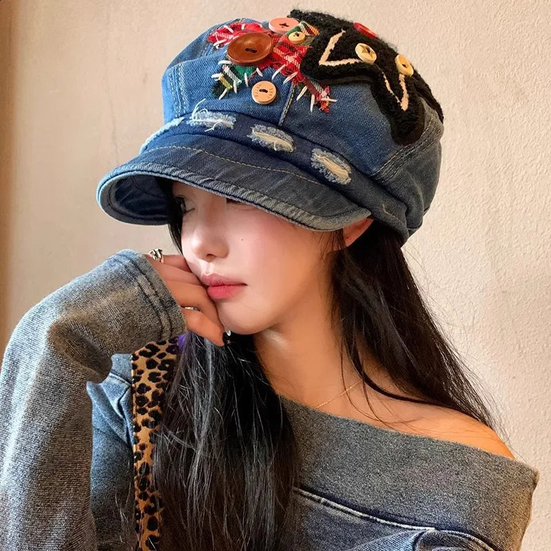 Hip Hop Denim Berets Cap Women Retro Patch Button Star Berets Spring Summer Travel Versatile Show Face Small Octagonal Hat 250403