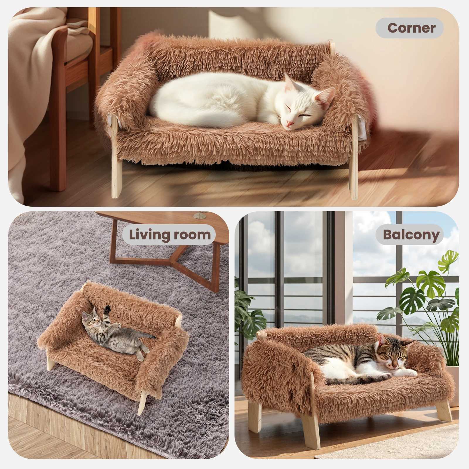 Big cat bed hardwood legs raised plush cat sofa bed small cat bed indoor cat - soft cat sofa X250412