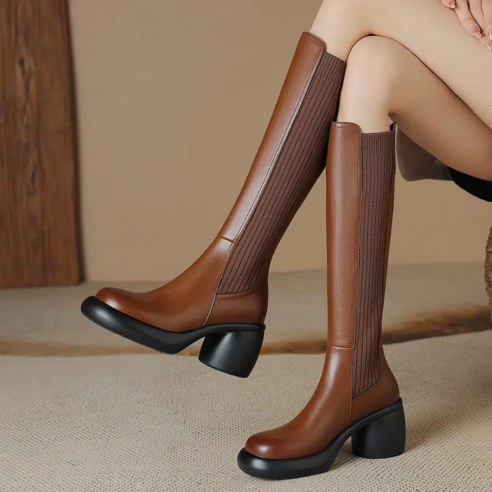 Womens genuine leather stretch knit patchwork back zip autumn knee high boots round toe casual female long boots shoes women 40 250411