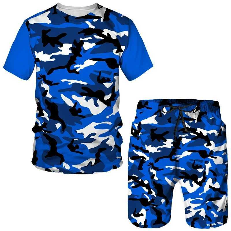Summer mens shorts set mens street T-shirt two-piece 3D camouflage printed casual sportswear O-neck sportswearXJ250412
