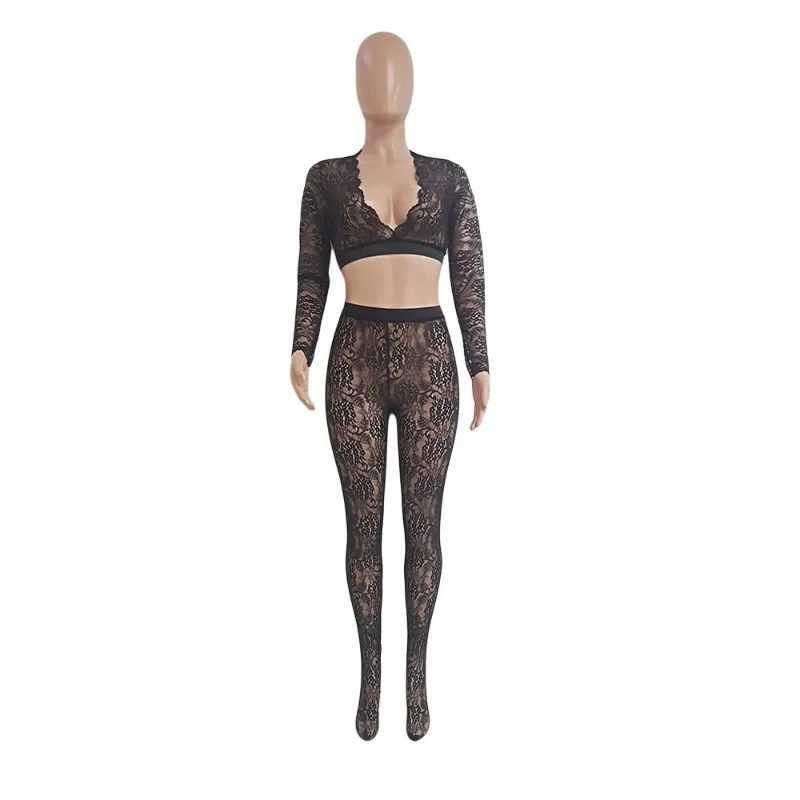 Womens sexy transparent lace 2-piece set V-neck long sleeved crop top elastic waist long leg club outfit wholesaleXJ250411