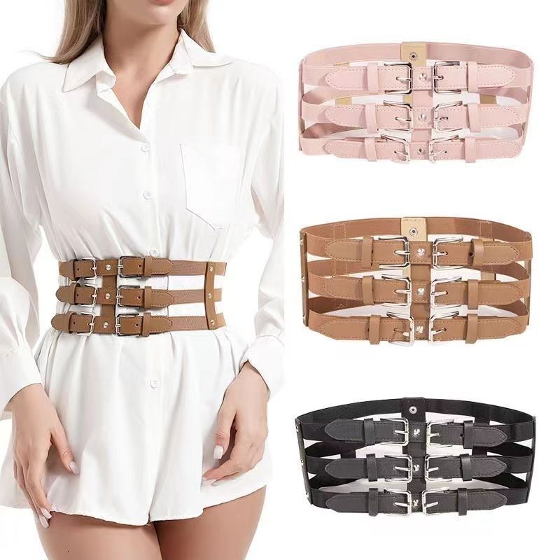 Wide new elastic hollow waistband, fashionable versatile, with three rows of buttons and adjustable splicing