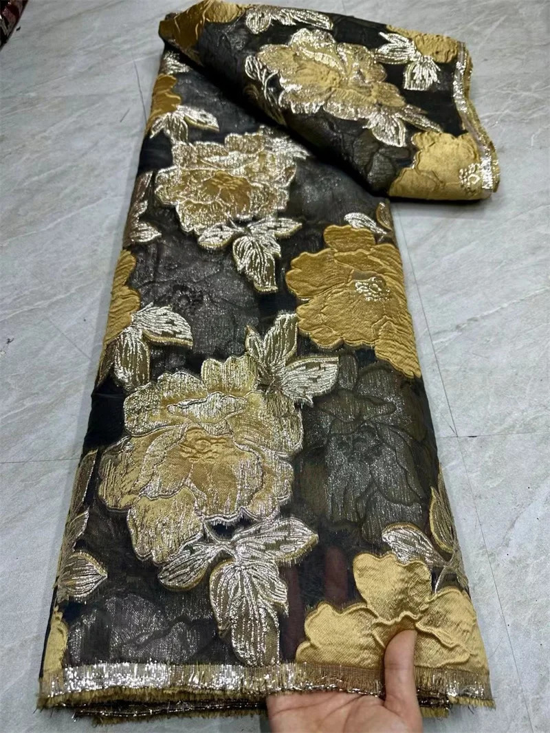 African Jacquard Organza Brocade Fabric 2024 Nigerian Damask Tulle Mesh Gilding Lace French Net Material Brocard Tissu 5Yard CJ6 250407