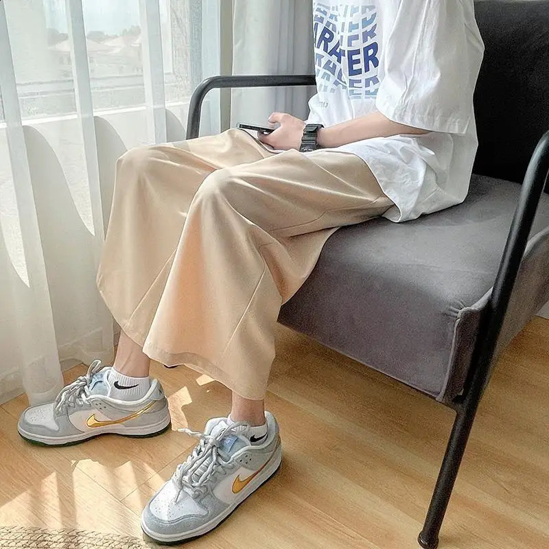 Summer Thin Ice Silk Mens Straight Loose Couple Casual Wide-leg Sports Nine-point Pants 250410