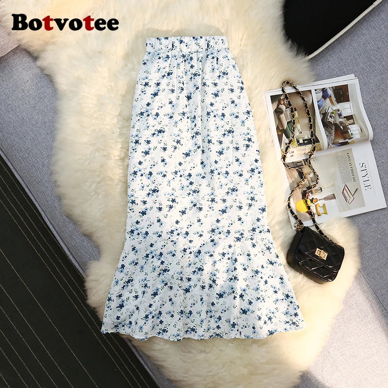 Botvotee Trumpet Chiffon Floral Print Skirts for Women High Waisted Elegant Side Split Ruffles Long Skirt Office Midi Skort 250407