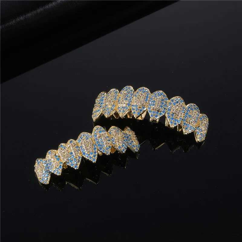 Feel Style CZ Teeth Grillz Hat Shiny Blue Cube Zircon Ice Out Mini Paving Top and Bottom Charm Grill Set W250412