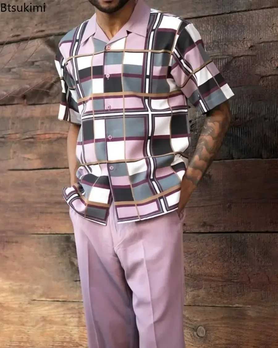 New mens shirt set 3D printed retro Harajuku fashion mens casual breathable lapel short sleeved shirt+pants 2-piece song setXJ250412