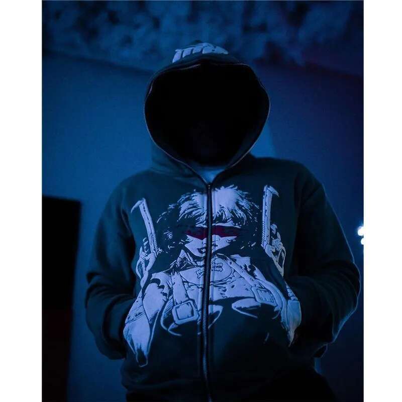 Y2k Cartoon Print Hoodies High Street Haruku Vintage Oversized Sweatshirt Women Loose Casual Zip Up Hoodie Clothes Tops