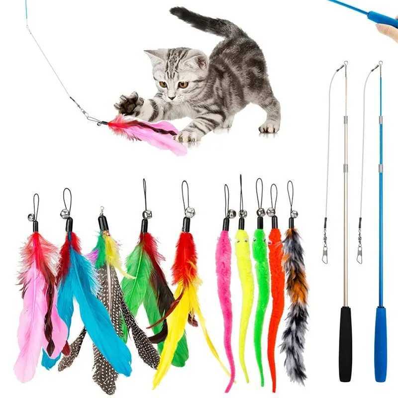 12 piece pet toy set of interactive feather toys for cats with bells replaceable head teasers boring indoor cat chasing and exercise Y250412