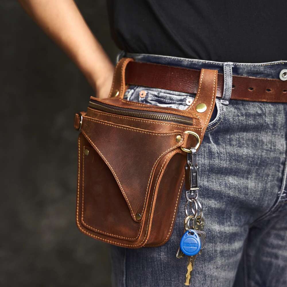 Genuine Leather Men's Bag Retro Style Multifunctional Fashion Key Wallet Sports Waist Bags For 6.5 In Phone