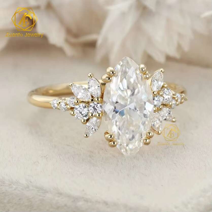 GRA Certificated 14K 18K Gold 2CT Halo Marquise VVS Moissanite Diamond Ring Custom Women Fine Engagement Wedding Rings