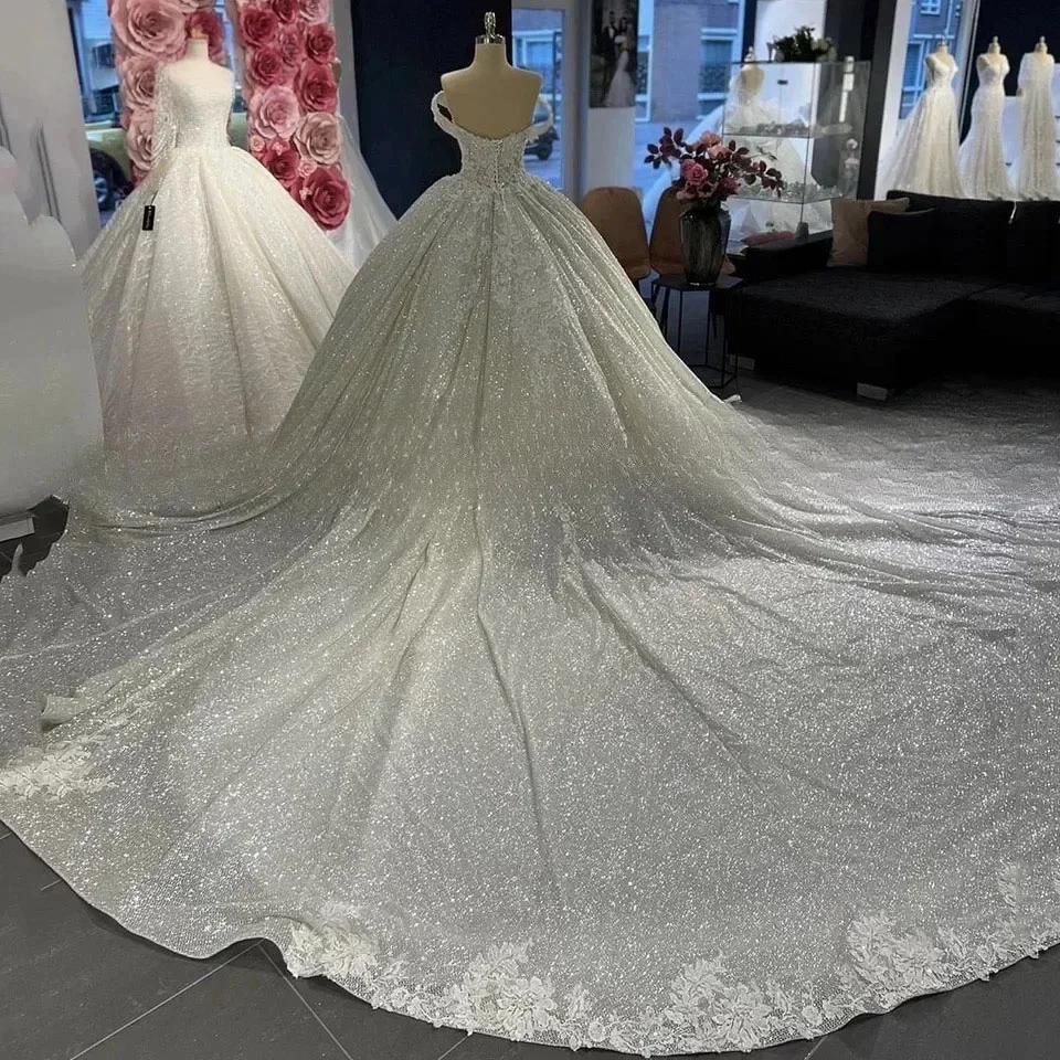 2026 Exquisite Ball Gown Sequins Wedding Dress Sparkly V-Neck Off The Shoulder Appliques Lace Up Bride Dresses Arabic Dubai Vestidos De Noiva