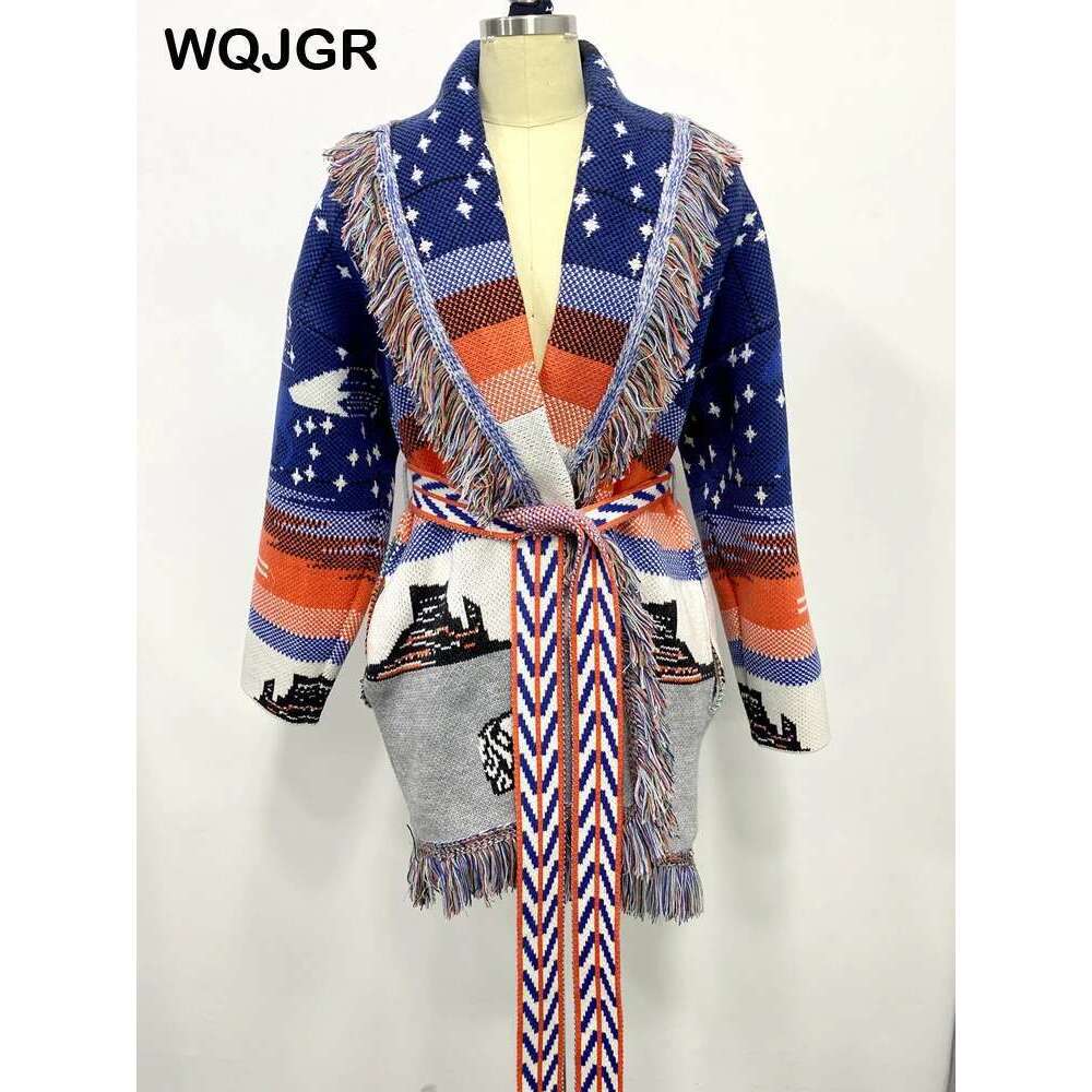 WQJGR High Quality Jacquard Cardigan Sweater Women Wool Cashmere Blue Kniited Tassel Loose Full Sleeve Fashion Autumn Winter