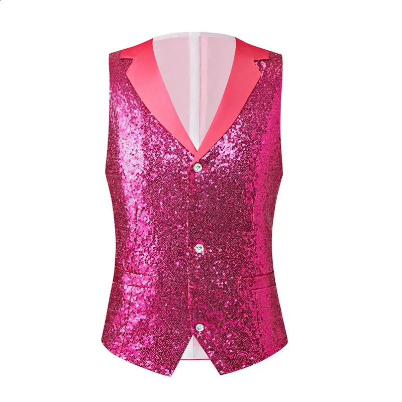 Red Mens Suit Vest Single-breasted V-neck Vests Shiny Sequins Decorated Waistcoat Suitable for Host/Singer/Stage/Party 250407