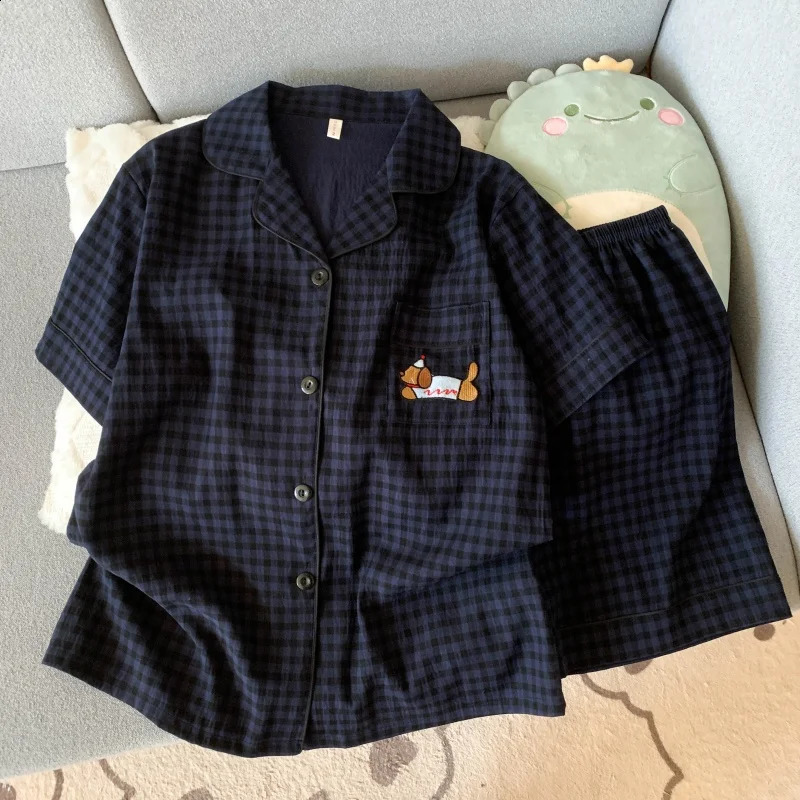 Embroidery Dog Sweet Fashion Cute Pajamas Set for Women Plaid Lapel Neck Elastic Waist n Pajamas Short Casual Nightwear 250411