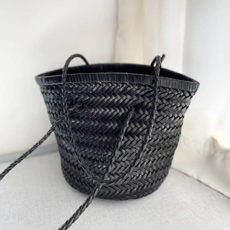 French retro first layer cowhide leather woven bucket bag Leather Woven Vegetable Basket Bag Women
