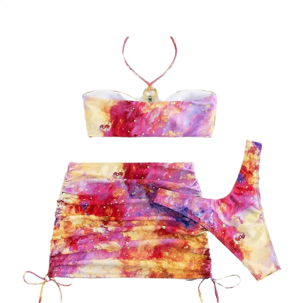 Tie-dye Printed Gold Ring Drawstring Halter Neck Three-piece Set Split Bikini Swimwears 250411