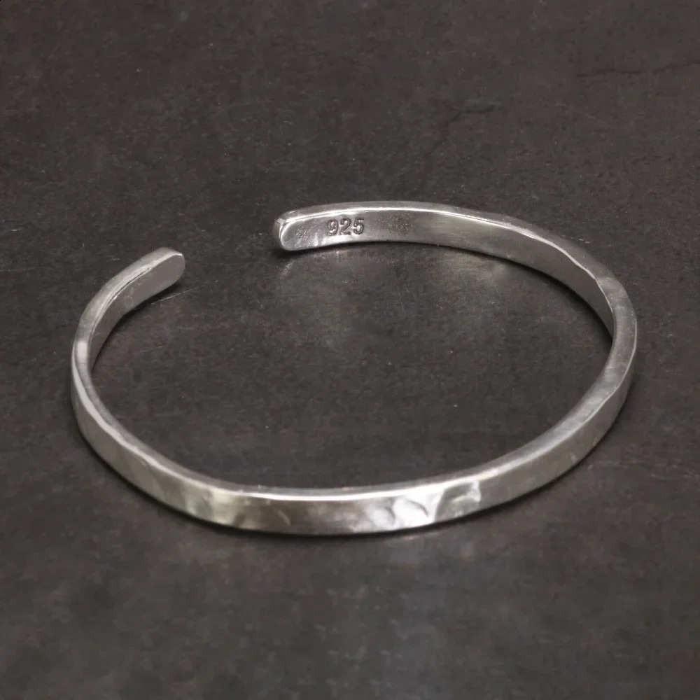 Real 925 Sterling Silver Hammered Cuff Bangles for Men and Women Handmade Polished Fine Jewelry 250403