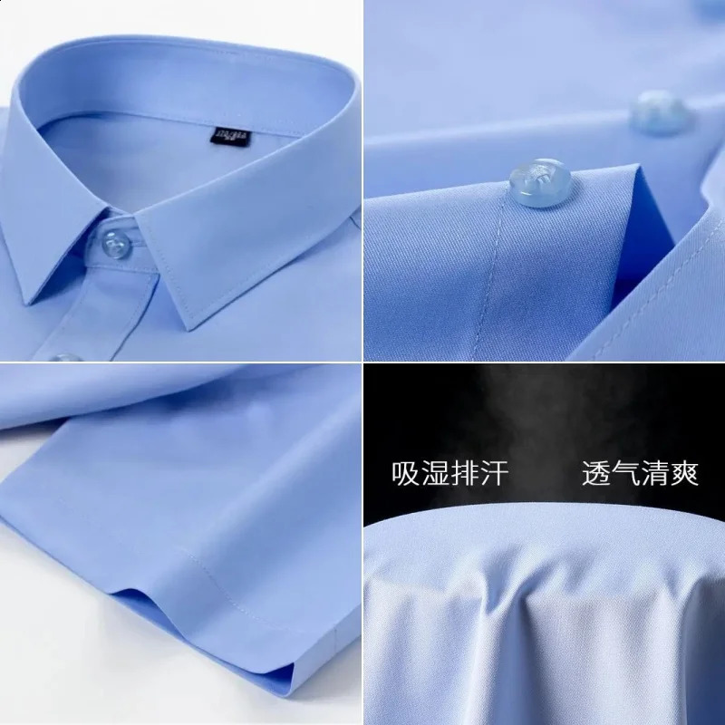 Bamboo fiber elastic mens shirt fashionable and casual business short sleeved top wrinkle resistant and iron free solid color formal shirt S-6XL 25041
