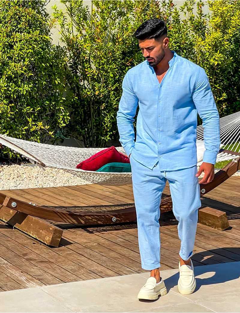 European and American mens new casual suit mens 100% pure cotton monochrome autumn fashion loose long sleeved shirtXJ250412