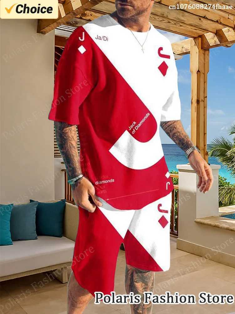 Summer black and white poker printed T-shirt set for mens beach short sleeved track and field wear casual 2-piece set for mens sportswearXJ250412