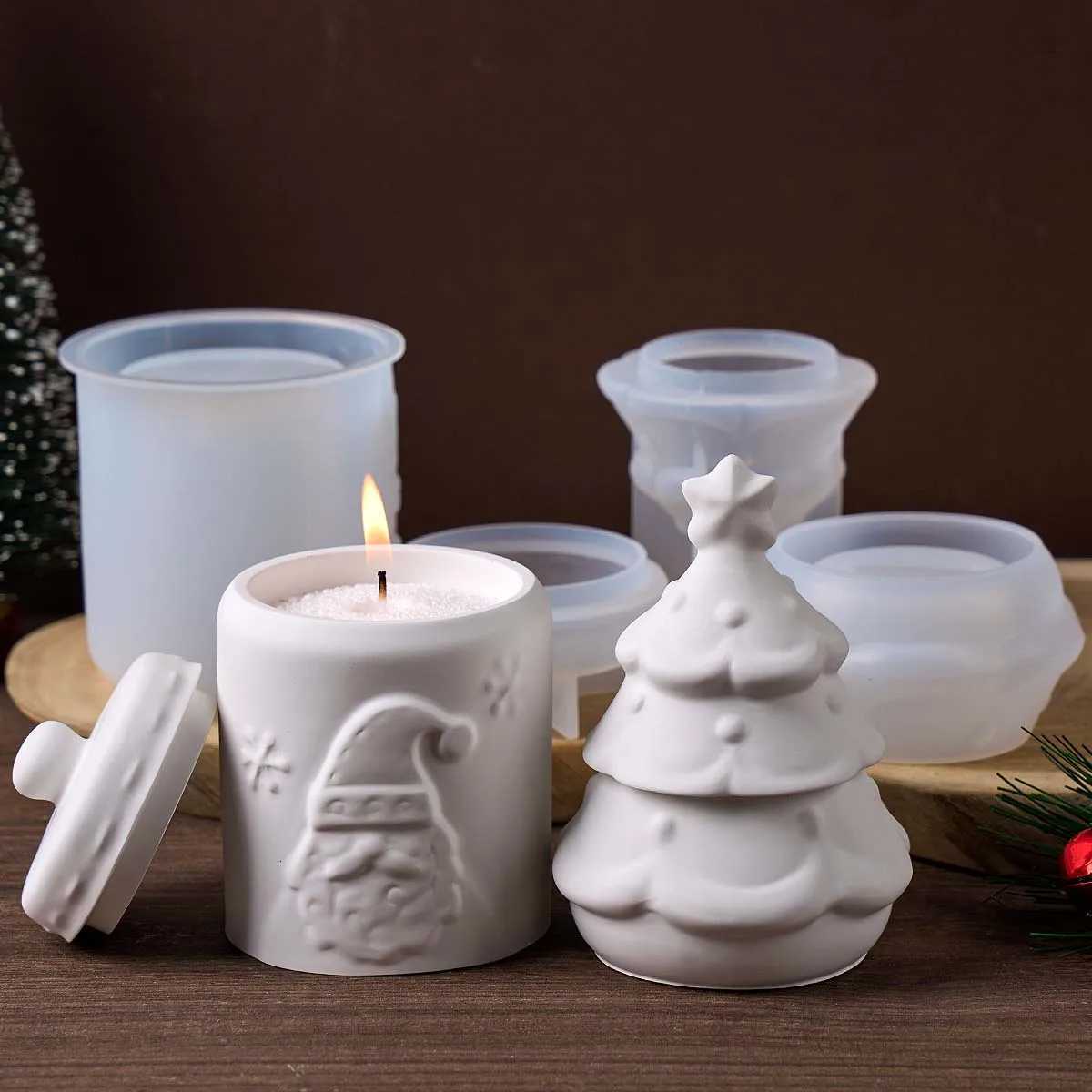 Christmas DIY Candle Jar Silicone Mold Set Handmade Relief Santa Claus Christmas Tree Storage Box Plaster Resin Mold Xmas Craft Home Decor Y251112