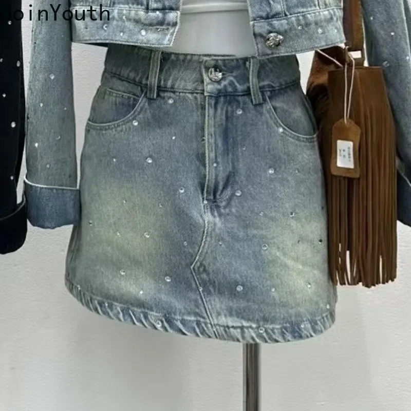 Korean Two Piece Sets Womens Outfits Temperament Crop Coat High Waist Bodycon Mini Skirt Suit Roupas Femme Diamond Denim Set 250411