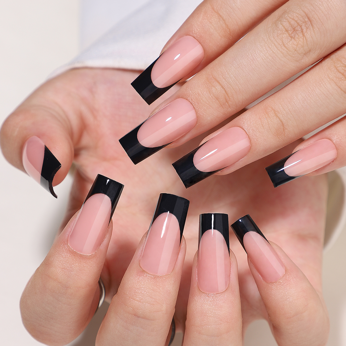 French Black Coffin Long Press-On Nails for Women - Available in 16 Sizes with 32 Reusable Pieces