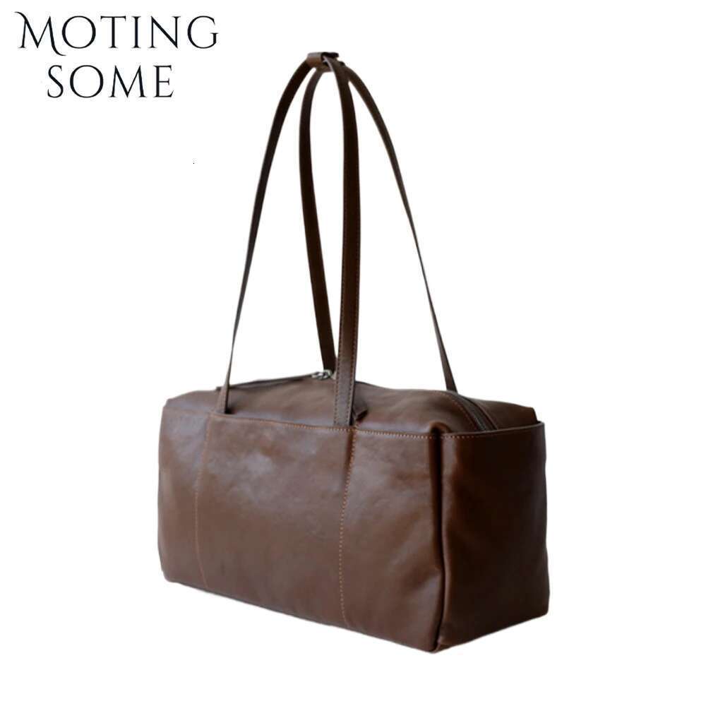 Motingsome Retro Cowhide Shoulder Bag Woman Large Capacity Daily Bags Vegetable Tanned Leather Satchel Boston Purses 2025