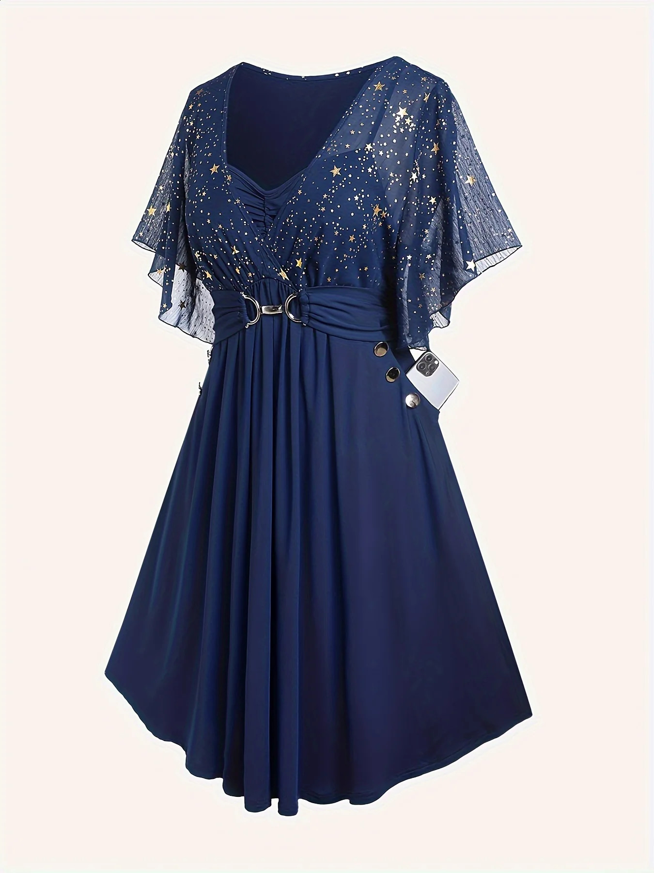 Fashionable womens plus size explosive star print button pocket pleated butterfly sleeves elegant warm dress 250411