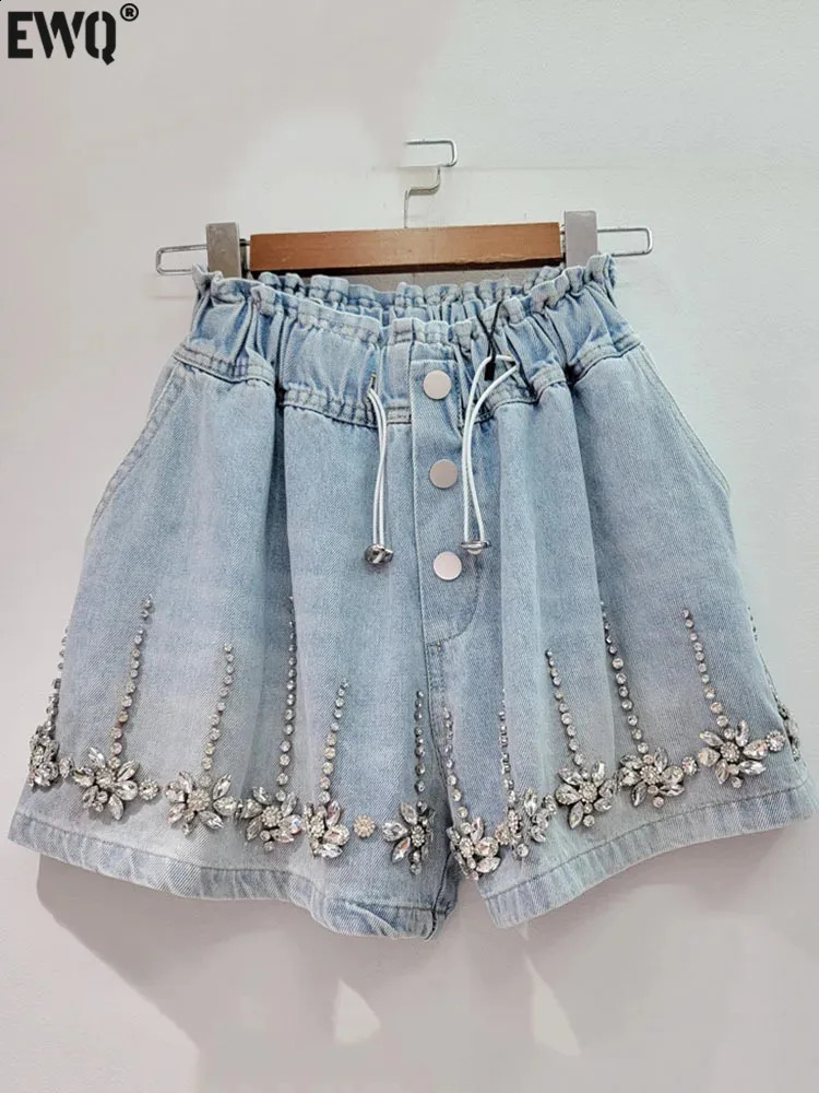 EWQ High Quality Diamond Studded Beads High Waist Loose Denim Wide Leg Shorts For Women 2025 Spring Summer 16U9607 250411