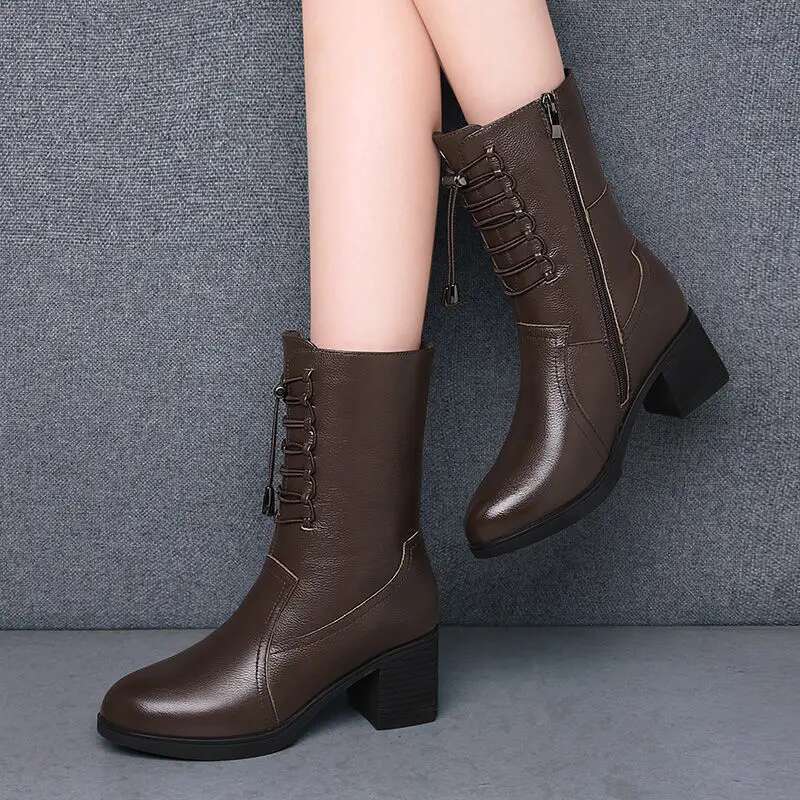 2025 New Women's Lace up Leather Shoes with Middle Heel, Designed by Women's Fashion Boots, Brown Round Head Lace, Novel and High Quality