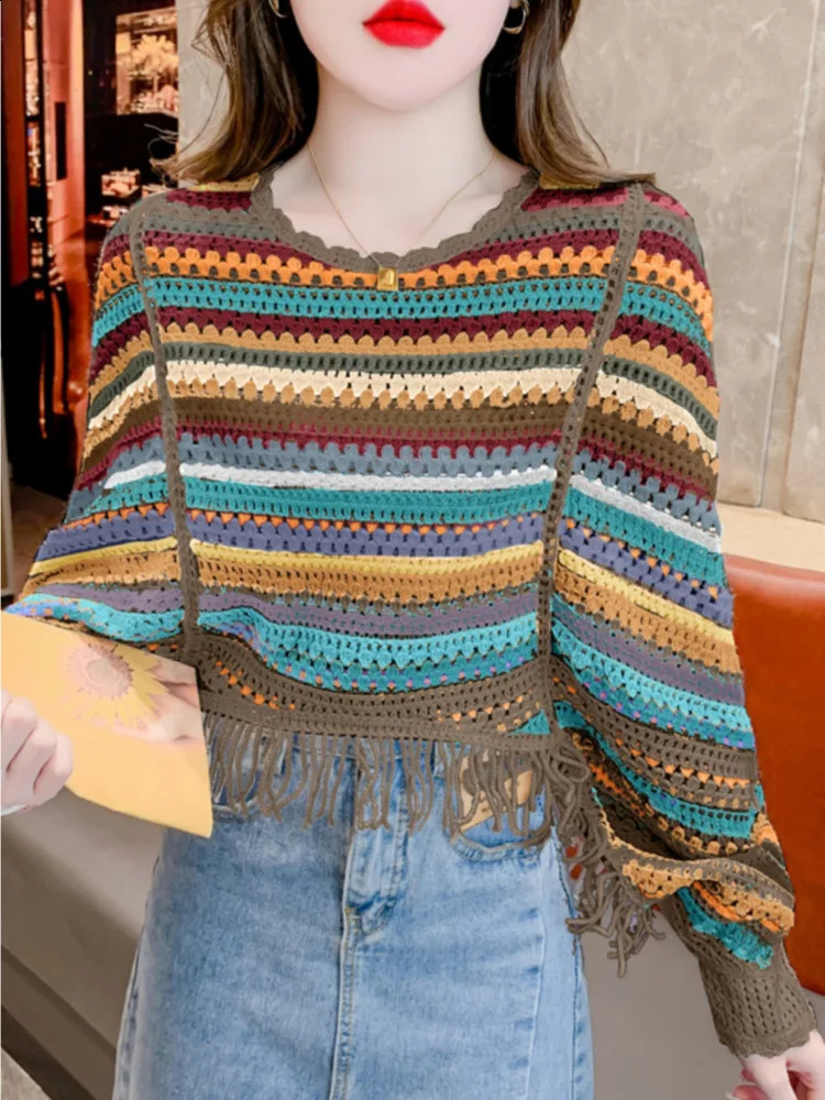 #3266 Summer Knitted Pullover Sweater Women Thin Batwing Sleeve Loose Sexy Striped Short Knitwear Pullover Tassels Hollow Out 250411