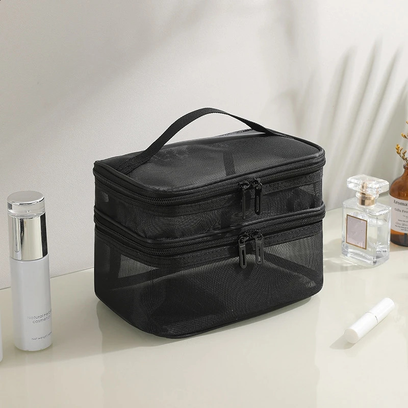 Grey double-layer mesh makeup bag womens portable makeup box large capacity travel zipper makeup organizer makeup box 250410