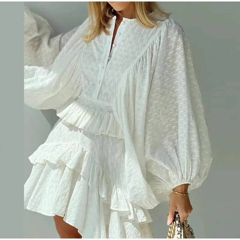 Spring Autumn Lantern Sleeves White Casual Buttons Layered Party Elegant Women's O-neck Ruffled Loose Dress Vestidos