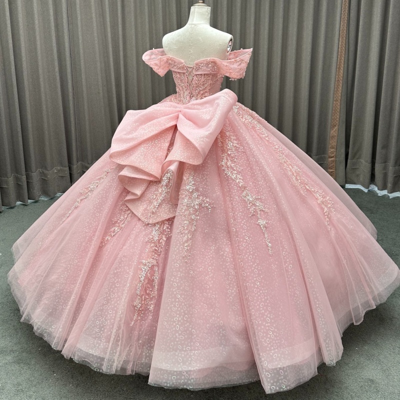 Pink Shiny Princess Quinceanera Dresses Off Shoulder Applique Beading Crystal Bow Tull Corset Sweet 16 Dress Ball Gown Vestidos 15 De Anos