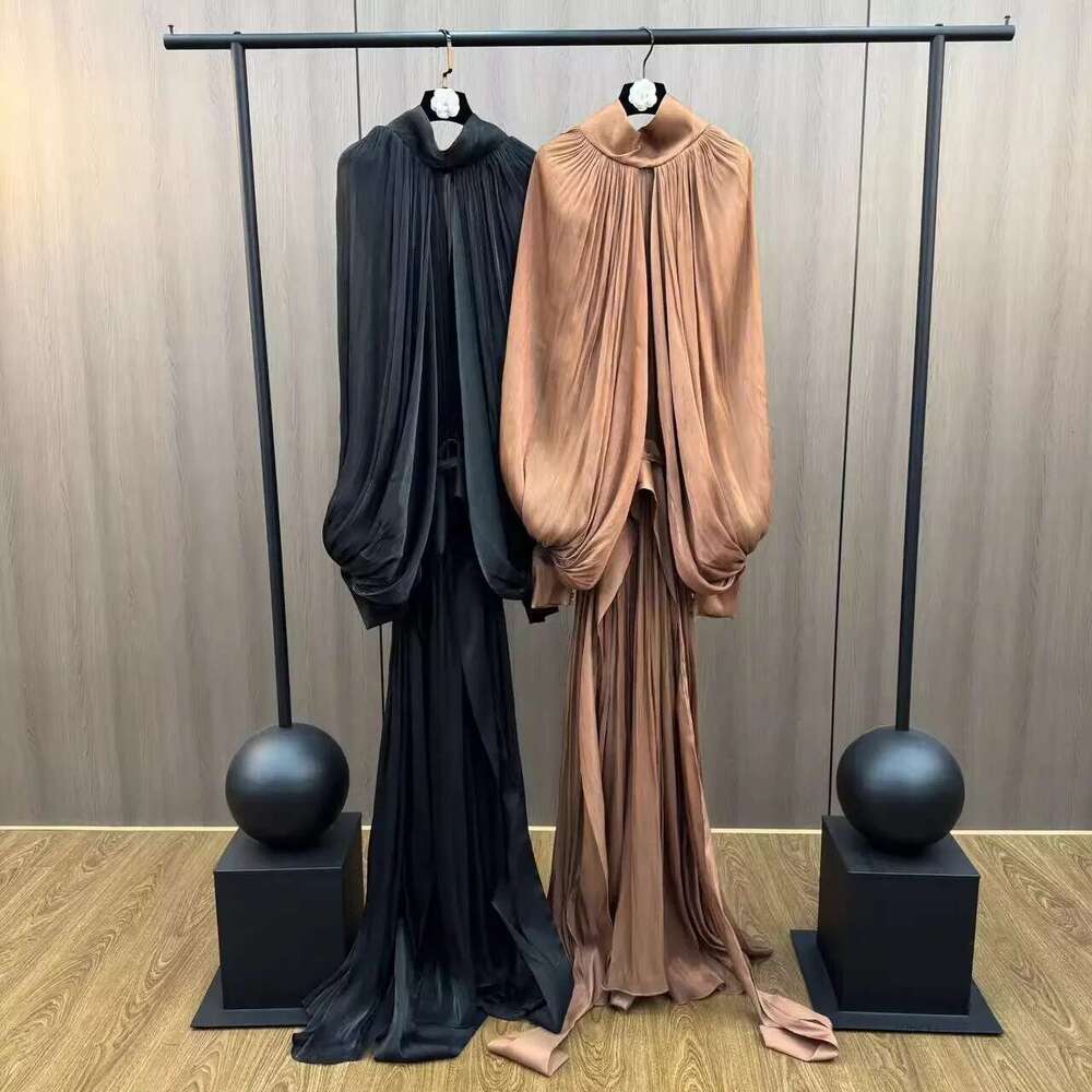 PREPOMP 2025 Spring New Arrival Stand Collar Long Batwing Sleeve Lace-Up Maxi Dress Women Gt275