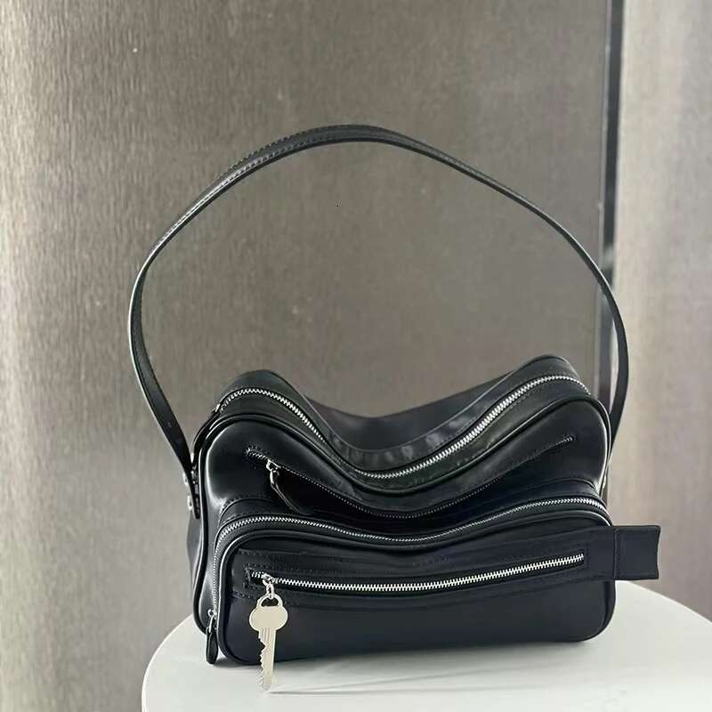 Vintage Genuine Leather Small Square Fashion Metal Key Design Women Handbag Y2k Versatile Zipper Ladies Shoulder Bag