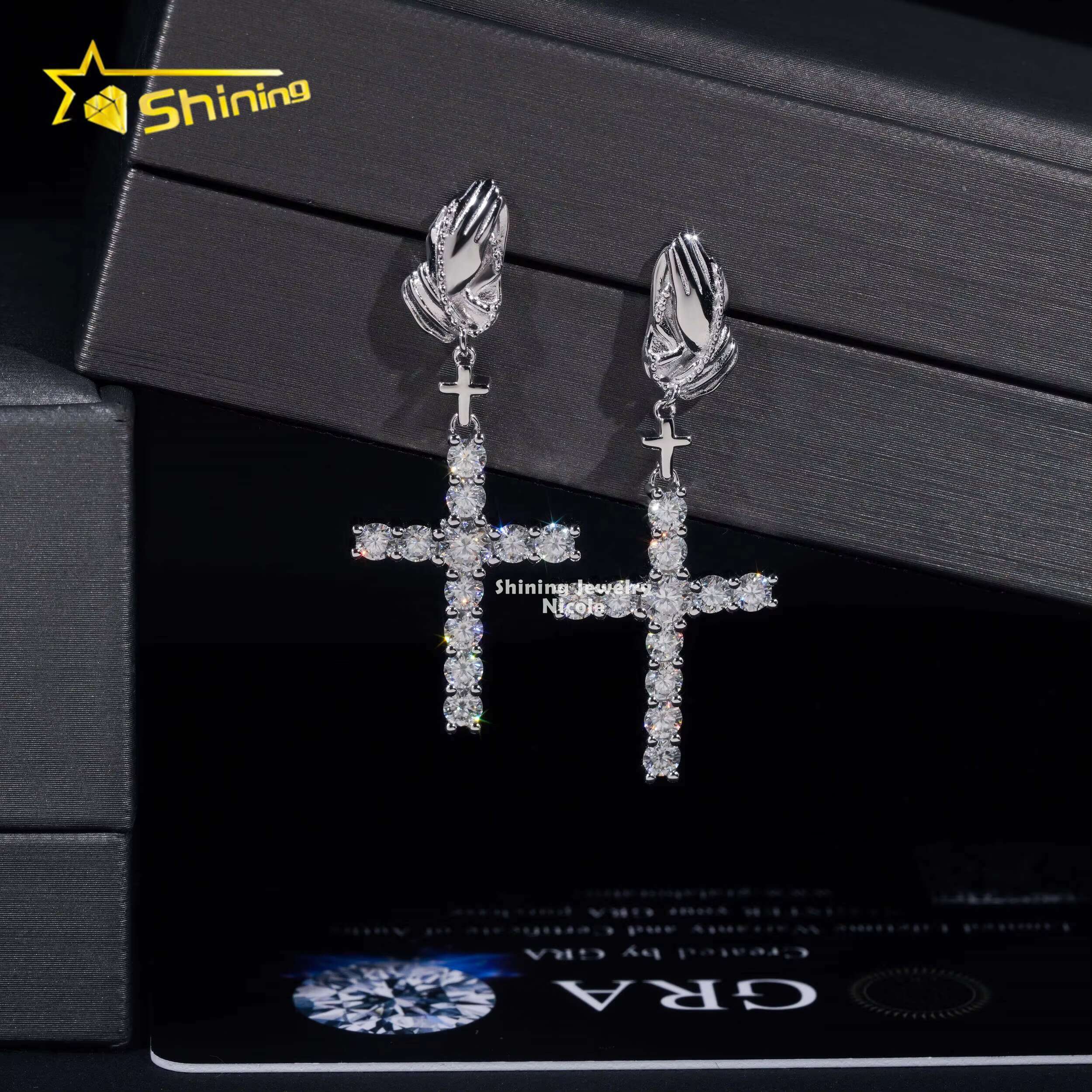 New Arrivals Hip Hop Style Cross Charms Iced Out 925 Sterling Silver Hoop Moissanite Diamond Drop Earrings